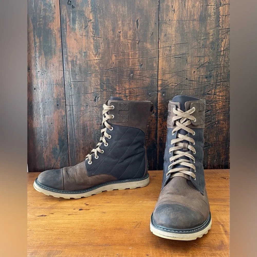 Sorel Madson Tall Lace Boots Brown Leather Dark Canvas Construction Men’s Sz 12 - Picture 4 of 10